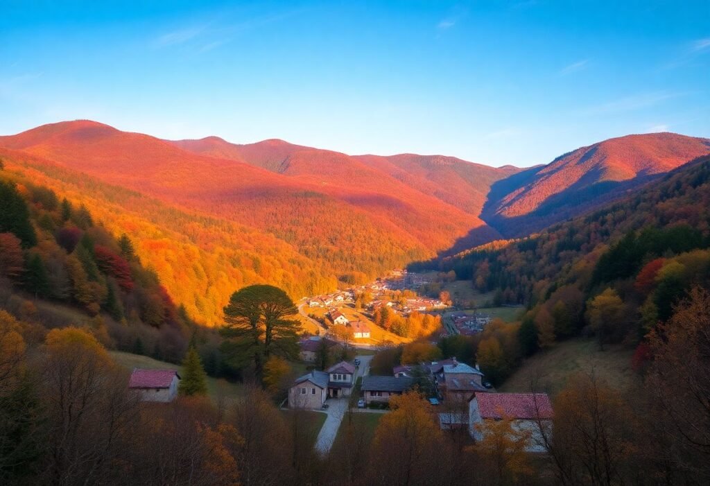 נוף שליו של הרי הקרפטים ברומניה בעונת הסתיו עם עלי שלכת צבעוניים וכפר שקט בעמק