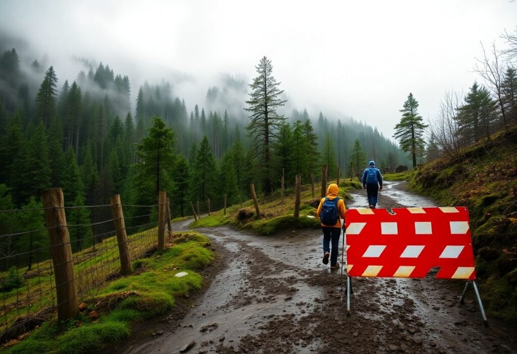 נוף הררי ברומניה בעונת גשמים עם שבילים בוציים, ערפל ונוסעים במעילים.