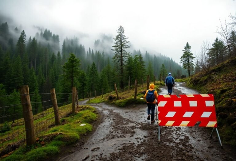 נוף הררי ברומניה בעונת גשמים עם שבילים בוציים, ערפל ונוסעים במעילים.