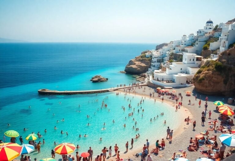 חוף עמוס תיירים בסנטוריני במהלך שיא עונת התיירות בקיץ, עם מים כחולים ובתים לבנים על הצוקים
