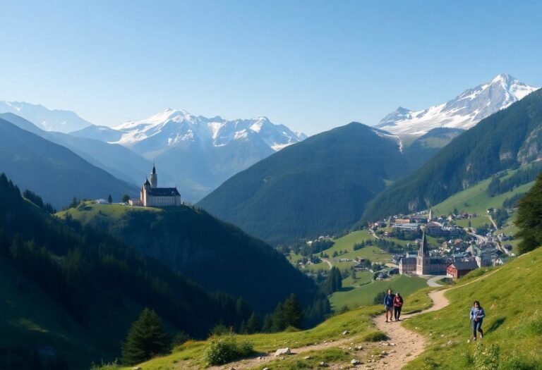 מטיילים בשביל הררי בעמק אאוסטה, מוקפים בפסגות מושלגות, טירות ימי ביניים וכפרים ציוריים באלפים