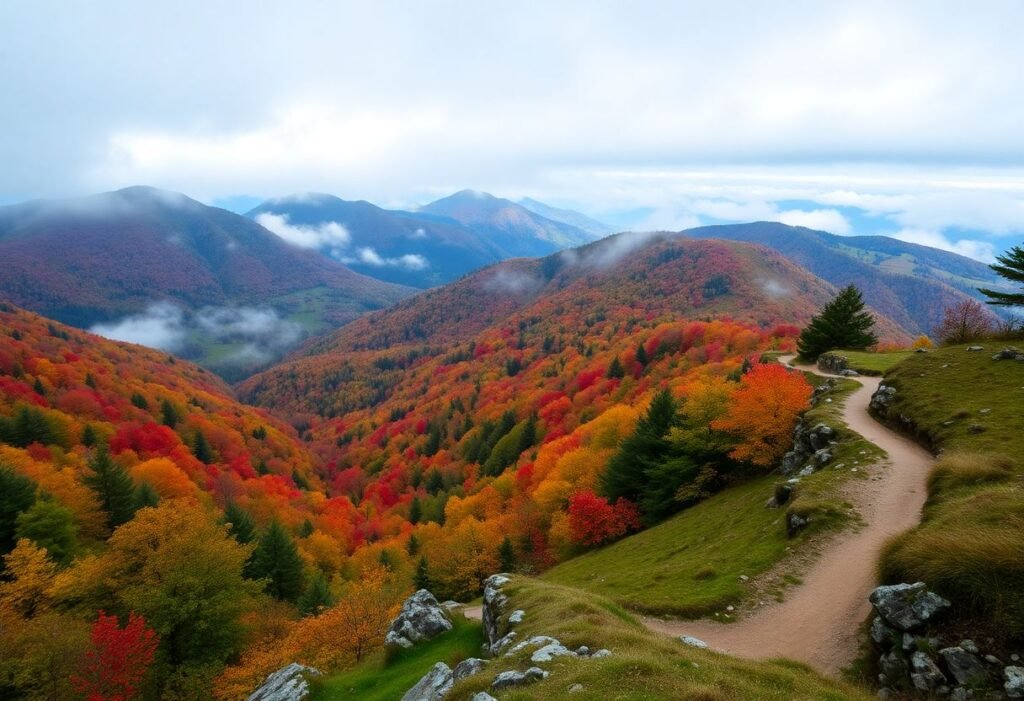 נוף של הרי הקרפטים ברומניה בעונת הסתיו, עם עלים בשלכת, גבעות מכוסות ערפל ושביל טיול מתפתל