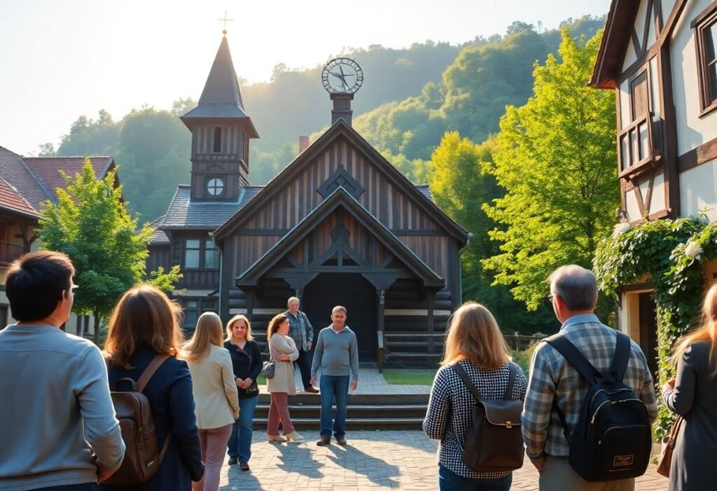 מטיילים בטיול פרטי עומדים מול בית כנסת עתיק בעיירה פולנית קטנה
