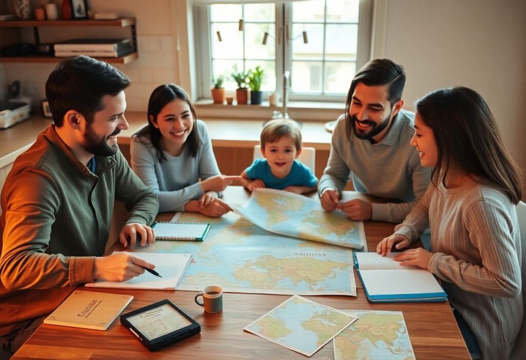 משפחה יושבת סביב שולחן מטבח ומתכננת טיול עם מפות ופנקסים פתוחים, כולם מחייכים ונרגשים