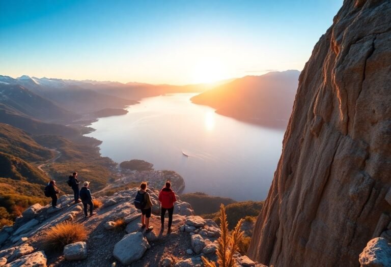 מטיילים בטיול קבוצתי עומדים על צוק מעל מפרץ קוטור במונטנגרו בזמן זריחה, ומשקיפים על הנוף המדהים של ים והרים מושלגים