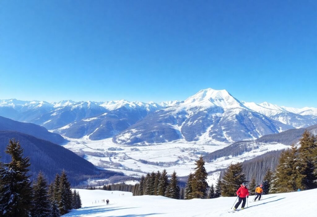 מדרונות סקי מושלגים בעמק אאוסטה עם נוף הרי האלפים ומונט בלאן ברקע