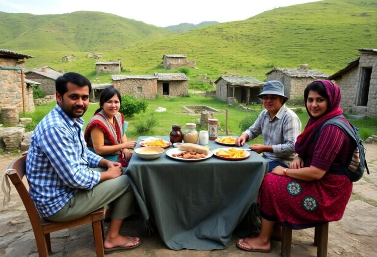 מטיילים יושבים סביב שולחן עם משפחה מקומית באווירה כפרית אותנטית, מוקפים בנוף ירוק ובתי אבן מסורתיים
