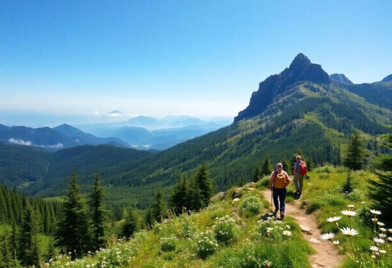 מסלול הליכה בהרי הקרפטים ברומניה עם מטיילים ונוף הררי ירוק