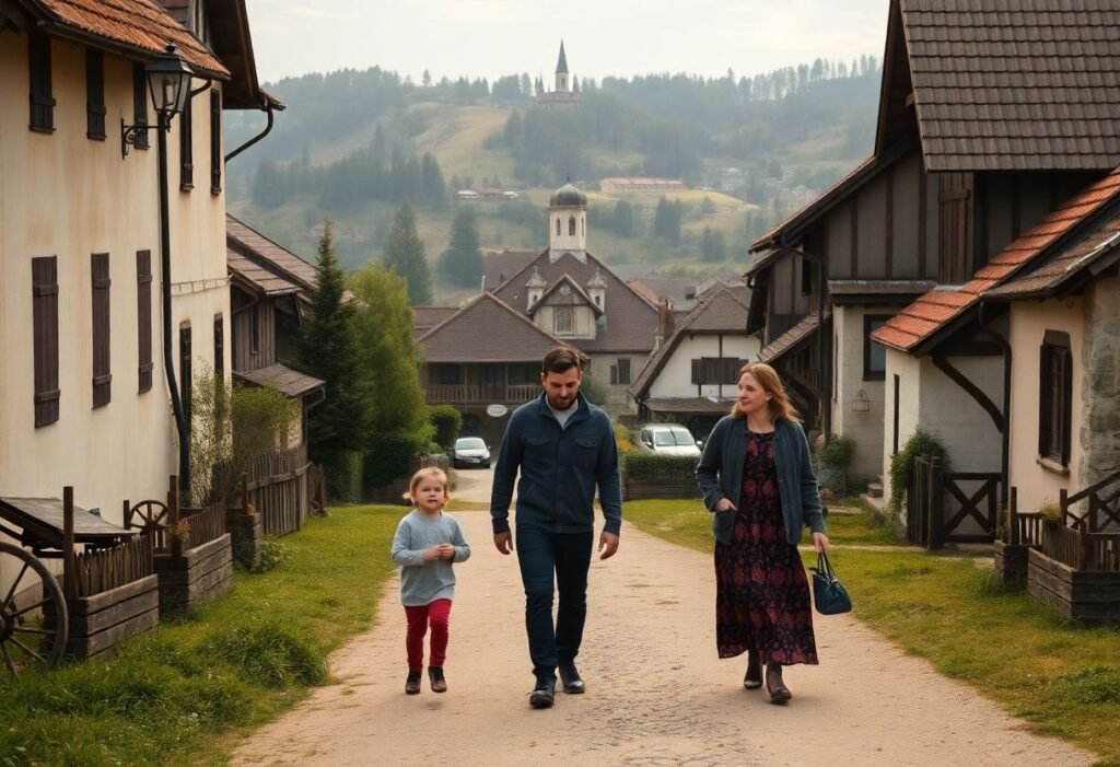 משפחה מטיילת בכפר ציורי בטרנסילבניה, ברקע בית כנסת ישן ונחל זורם – מסע בעקבות שורשים משפחתיים