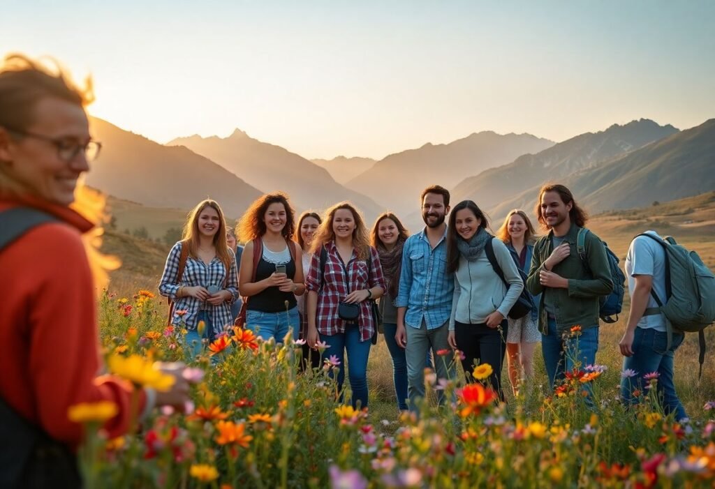 מטיילים נהנים במסע גמיש בטבע אירופי פתוח, עם מדריך מקומי ונופים מרהיבים ברקע.