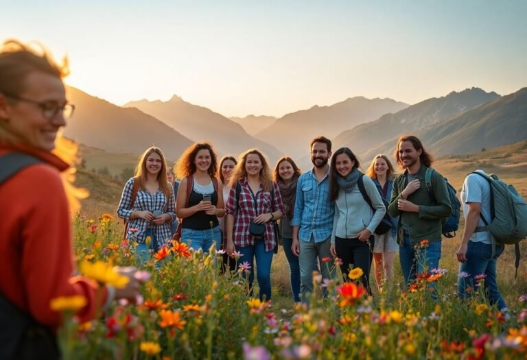 מטיילים נהנים במסע גמיש בטבע אירופי פתוח, עם מדריך מקומי ונופים מרהיבים ברקע.