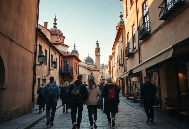 קבוצת מטיילים בסיור מודרך ברובע קאז'ימייז' היהודי בקרקוב, פולין