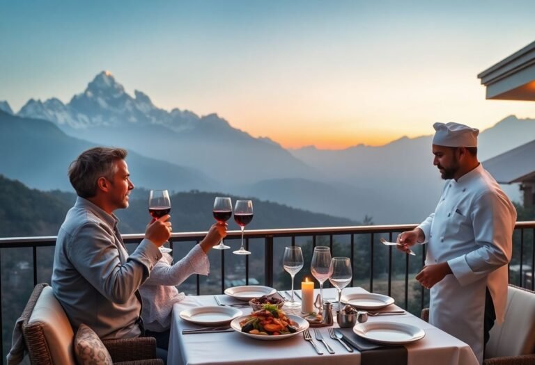זוג נהנה מנוף הרי ההימלאיה ממרפסת וילה פרטית, עם מדריך אישי ושף פרטי שמכין ארוחת ערב יוקרתית