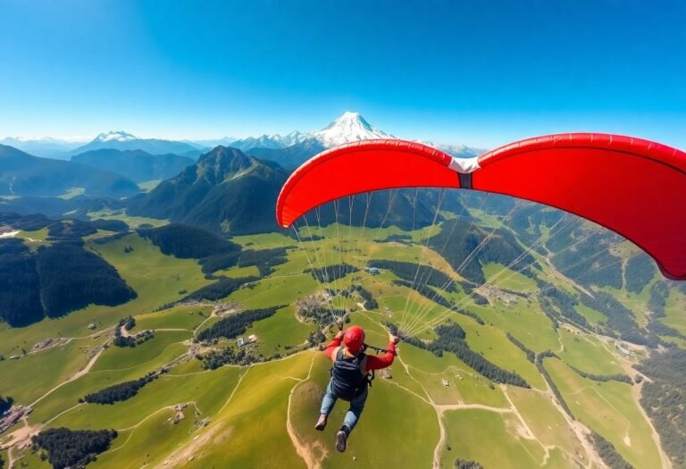מטייל מרחף בפראגליידינג מעל עמק ירוק בהרי המון בלאן, ביום בהיר עם פסגות מושלגות