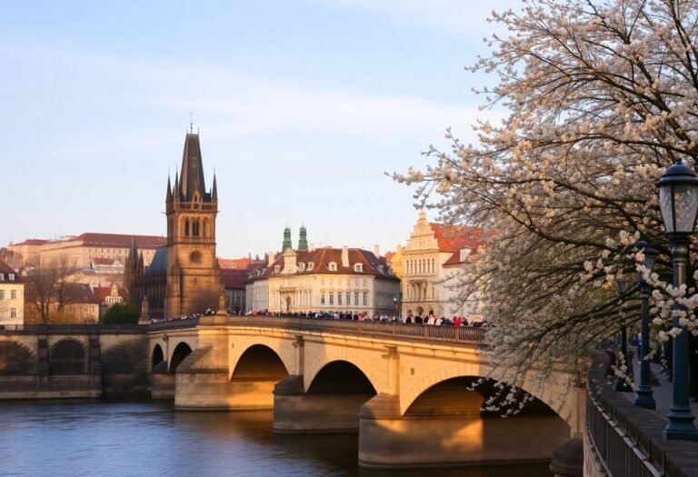 מראה רומנטי של גשר קארל בפראג באביב המוקדם – פריחה עדינה, שמיים בהירים, ותיירים מעטים נהנים מהנוף ההיסטורי.
