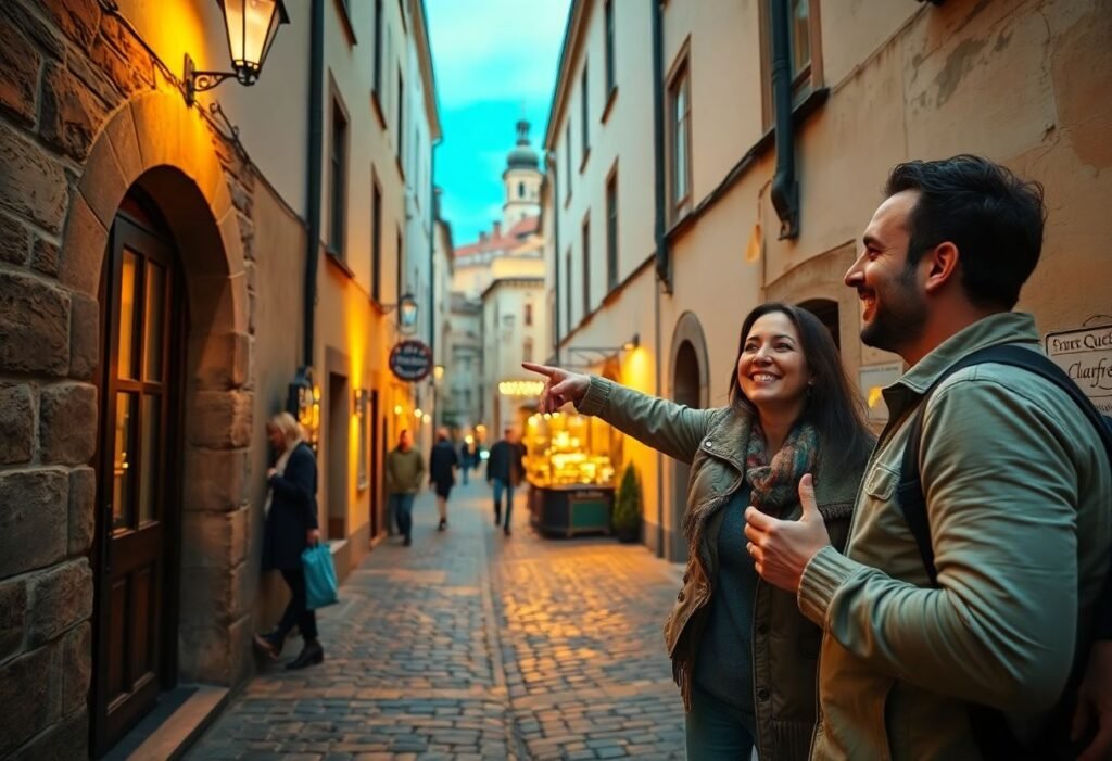 סיור פרטי בעיר העתיקה בפראג, זוג עם מדריך פרטי בסמטה נסתרת ליד בית קפה מקומי