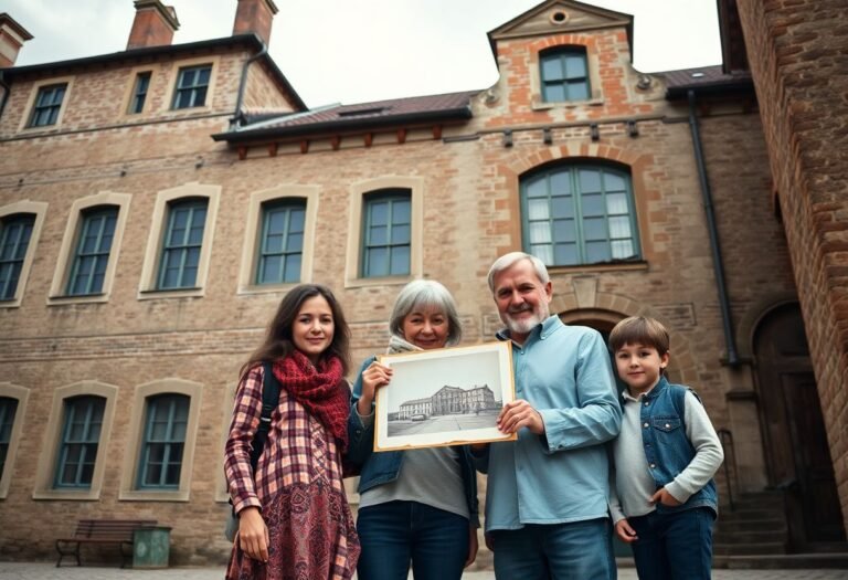 משפחה עומדת מול בית ספר עתיק באירופה ואוחזת בתמונה ישנה כחלק ממסע שורשים