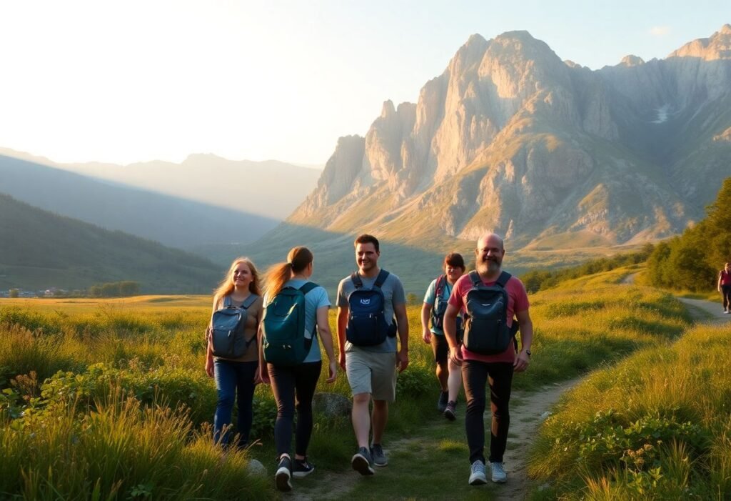 קבוצת מטיילים קטנה מטיילת בטבע אירופאי הררי עם מדריך, באווירה אינטימית ורגועה
