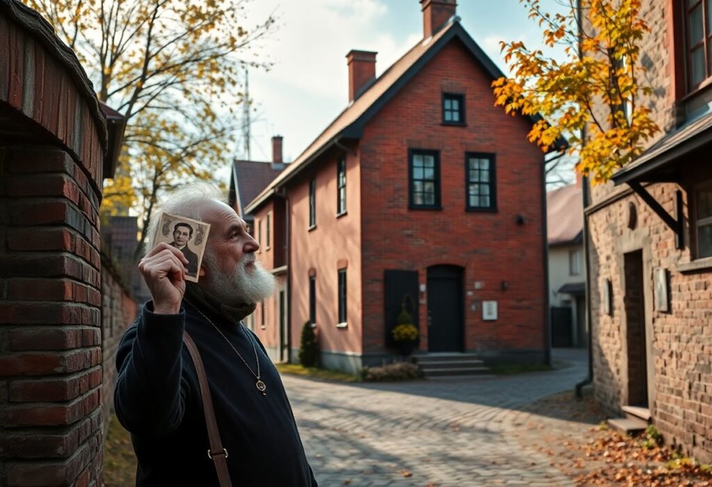 איש מבוגר נוגע בקיר של בית ישן במזרח פולין, אוחז בתמונה ישנה, ברקע רחוב עתיק ושליו בעיירה יהודית לשעבר.