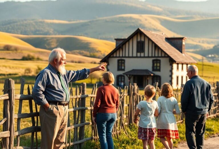 משפחה יהודית במסע שורשים בעיירה במזרח אירופה, עומדת ליד גדר עץ ישנה ובית מסורתי, עם הסבא מצביע ומספר לנכדים על עבר המשפחה.