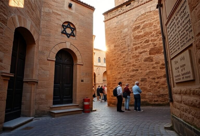 רחוב צר בסלוניקי עם בית כנסת עתיק באור שמש של אחר הצהריים