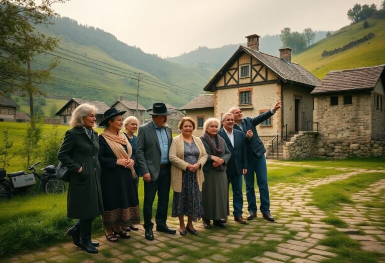 משפחה יהודית עומדת מול בית ילדות ישן בכפר רומני ציורי במסגרת טיול שורשים