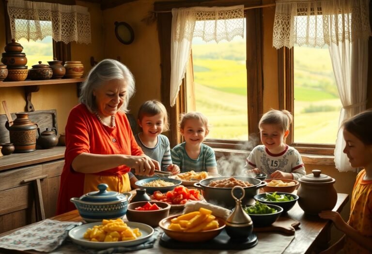 סבתא יהודייה רומנייה במטבח כפרי מכינה מאכלים מסורתיים עם המשפחה לרגל טיול שורשים ברומניה