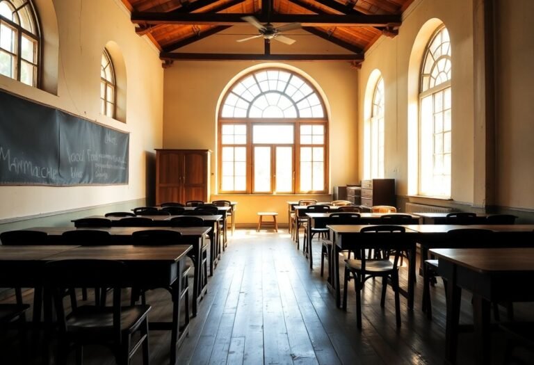 כיתה עתיקה ומוארת בכפר רומני, עם שולחנות וכיסאות עץ ישנים – סצנה שמחברת בין עבר משפחתי להווה