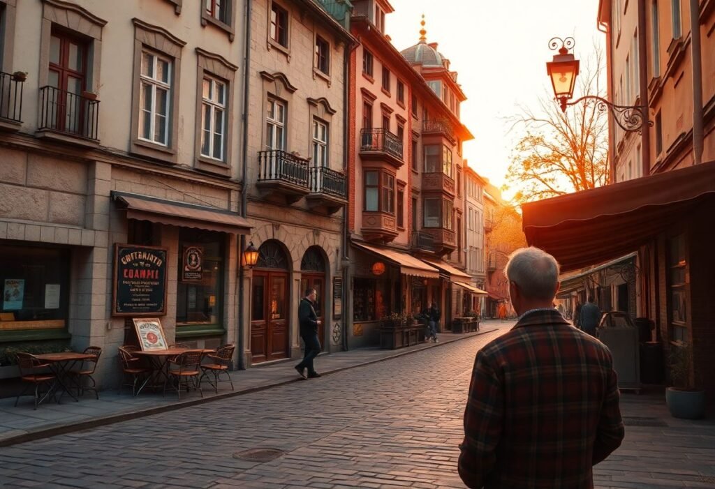 מטייל עומד מול בניין ישן ברובע היהודי של בוקרשט, באווירה נוסטלגית של בין ערביים