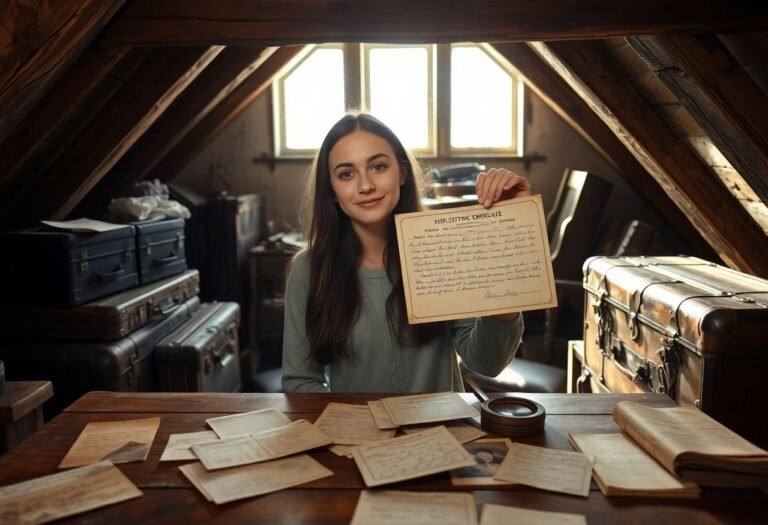 נכדה צעירה מחזיקה תעודת לידה ישנה בעליית גג מוקפת במסמכים ותמונות משפחתיות ישנות