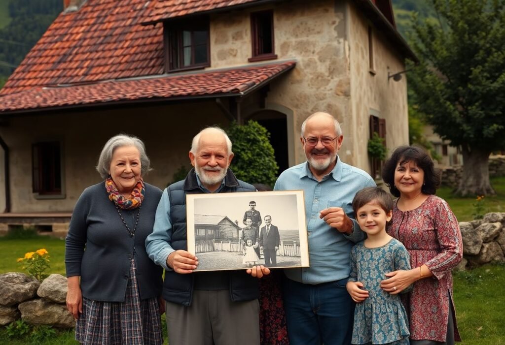 משפחה רב-דורית ישראלית עומדת מול בית ישן בכפר רומני, אוחזת בתמונה משפחתית ישנה ומתרגשת מהמפגש עם העבר