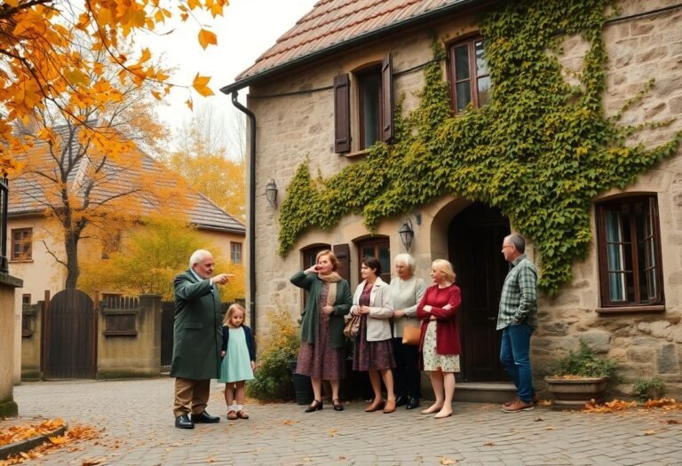 משפחה עומדת מחוץ לבית ישן בכפר פולני במהלך טיול שורשים עם אווירה נוסטלגית ורגשית
