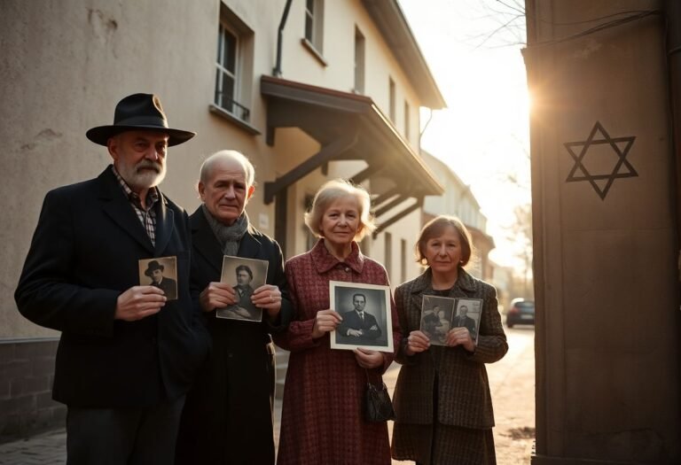 משפחה יהודית עומדת מול בית ישן בו התגוררה פעם סבתא, במהלך טיול שורשים בפולין