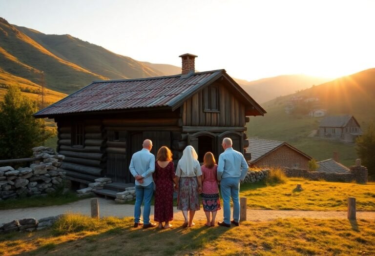 משפחה עומדת מול בית עץ ישן בכפר בלקני, מוקפת נופים ירוקים והרים, מסמלת את מסע השורשים היהודי למונטנגרו ואלבניה