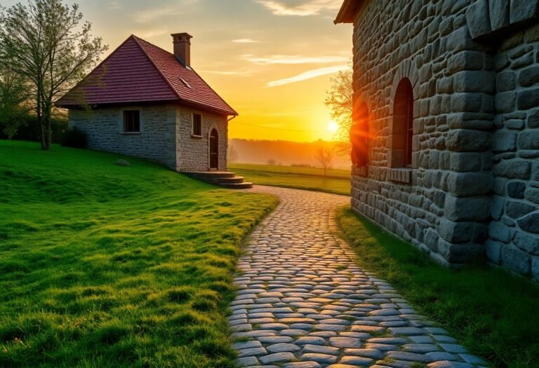 אדם נוגע בבית אבן ישן בכפר פולני שקט בשעת שקיעה, מייצג מסע רגשי של טיול שורשים