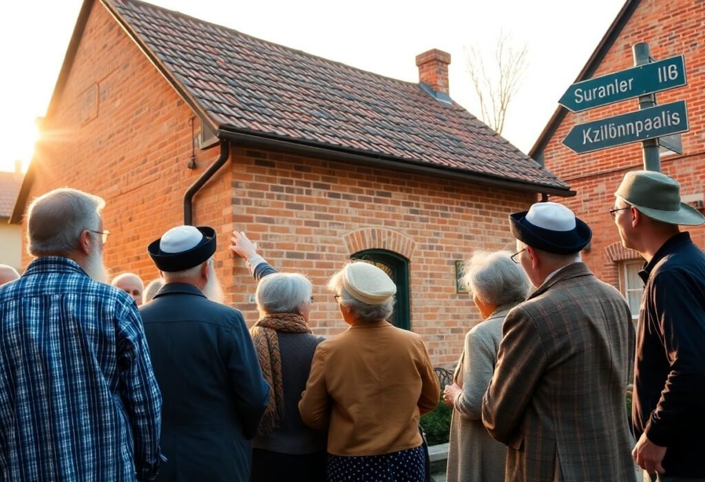 משפחה יהודית מול בית ישן בפולין במהלך טיול שורשים מרגש, בליווי מדריך מקומי