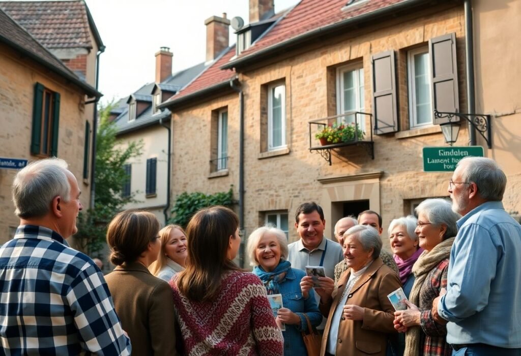 משפחה רב-דורית עומדת מול בית ילדות ישן במהלך טיול שורשים קבוצתי עם מדריך, ברקע נוף אירופי נוסטלגי