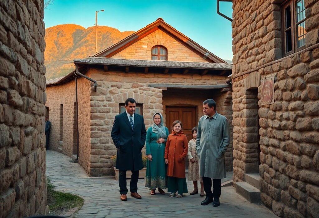 משפחה עומדת מול בית אבן מסורתי באזרבייג'ן בטיול שורשים, ברקע סמטאות עתיקות ונוף הררי