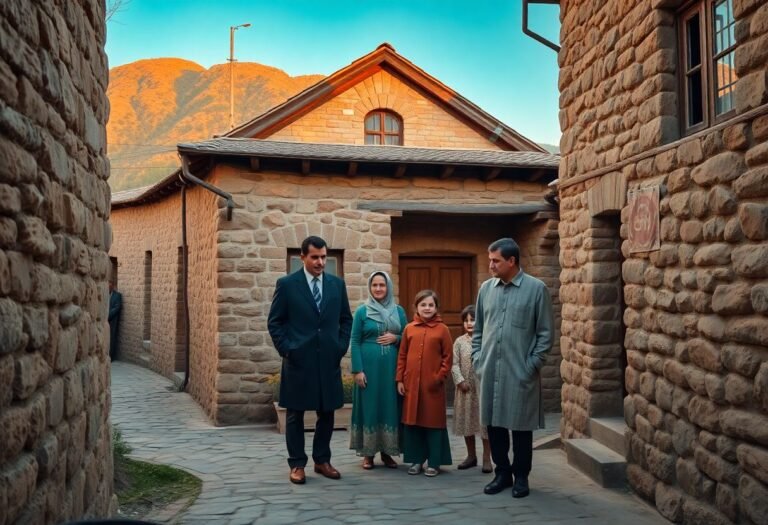 משפחה עומדת מול בית אבן מסורתי באזרבייג'ן בטיול שורשים, ברקע סמטאות עתיקות ונוף הררי