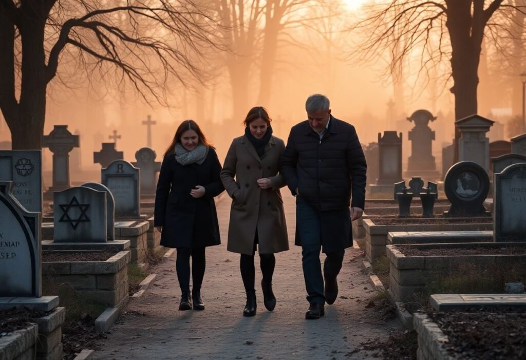משפחה מהלכת בין מצבות ישנות בבית קברות יהודי בפולין, באווירה נוסטלגית ורגשית