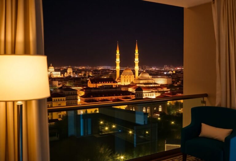 A scenic view from a hotel balcony in Baku, showcasing the Old City and Flame Towers illuminated at night.