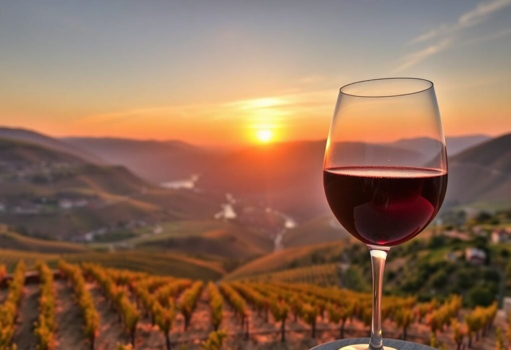 נוף עוצר נשימה של עמק דורו בשקיעה, כולל טרסות של כרמים וכוס פורטיין בחזית.