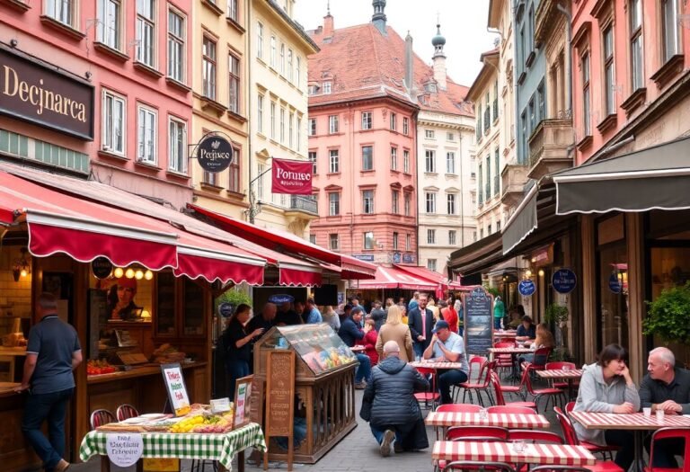 Street scene in old town Prague featuring traditional Czech cuisine and gourmet dining.