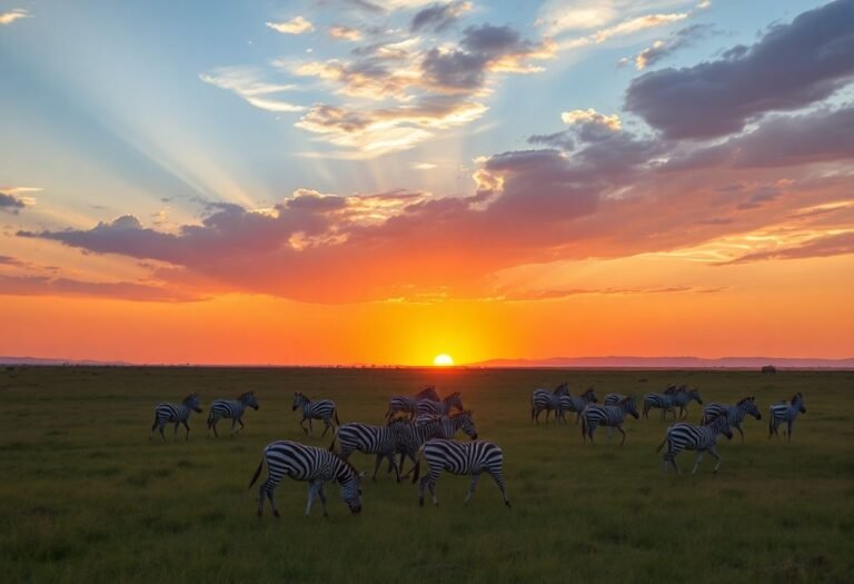 Sunset view of Serengeti in Tanzania with zebra herds and acacia tree silhouette.