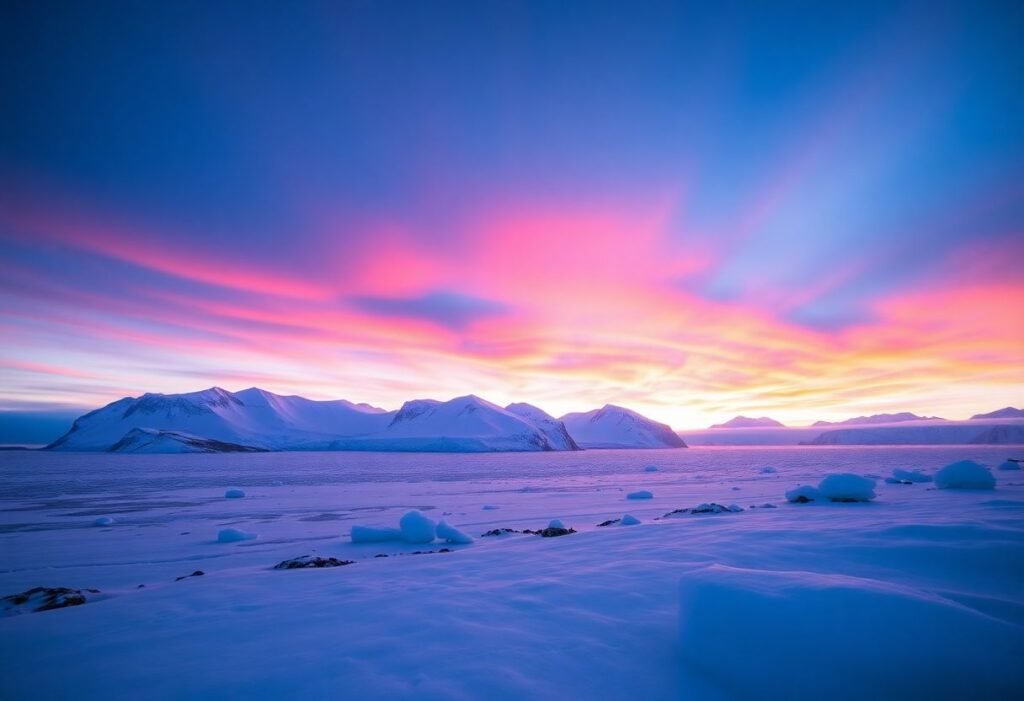 A breathtaking image of the Antarctic landscape featuring ice formations under a vibrant sky, illustrating the remote and pristine beauty of the South Pole.