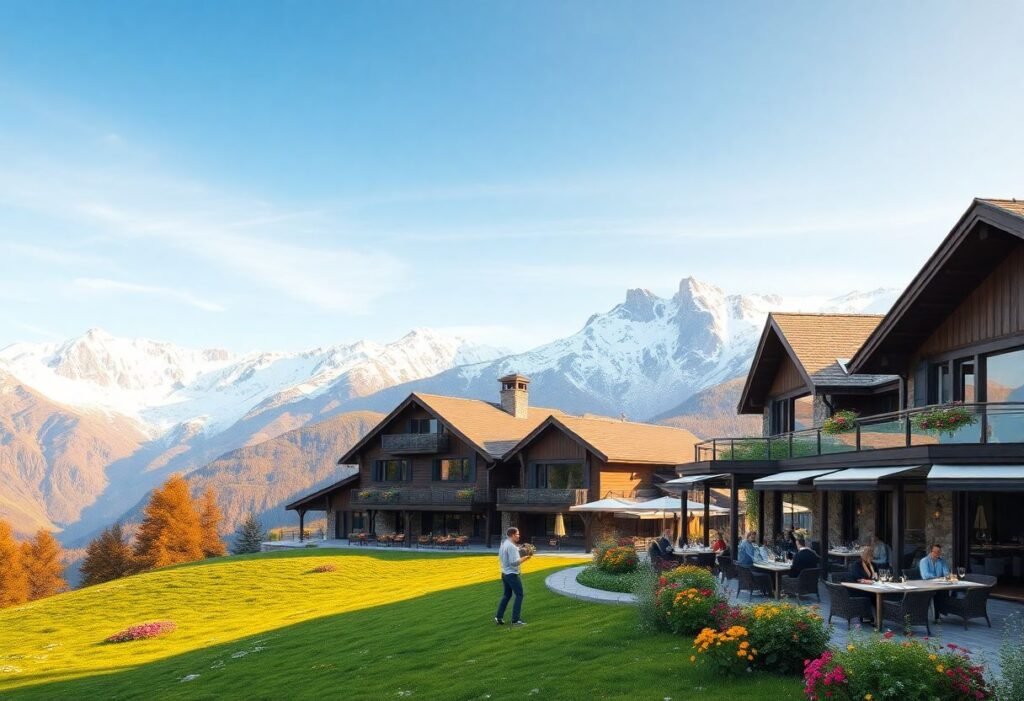 נוף בעמק אאוסטה עם מלון יוקרה, הרים מושלגים ופריחה אביבית