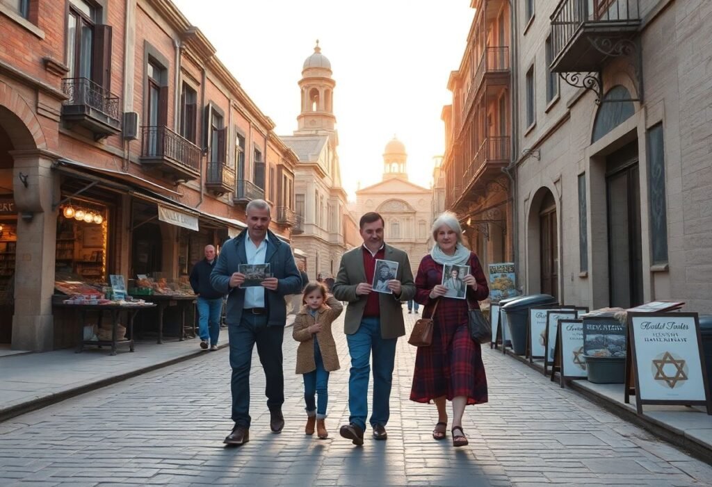 משפחה מהלכת בעיר העתיקה בבאקו, אזרבייג'ן, מוקפת בבניינים היסטוריים ושוק צבעוני. הם מחזיקים תמונות ישנות ומתחברים לשורשיהם המשפחתיים בין הסמטאות.