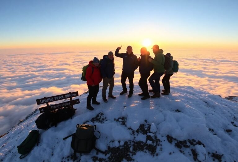 קבוצת מטפסים עומדת על פסגת הקילימנג'רו המושלגת בשעת זריחה, מביטה על ים עננים ונוף אפריקאי מרהיב