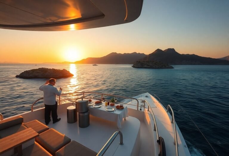 יאכטת יוקרה שטה בשקיעה סמוך לאי יווני, עם שף פרטי שמכין ארוחת ערב על הסיפון, מוקפת במים כחולים וצוקים ירוקים