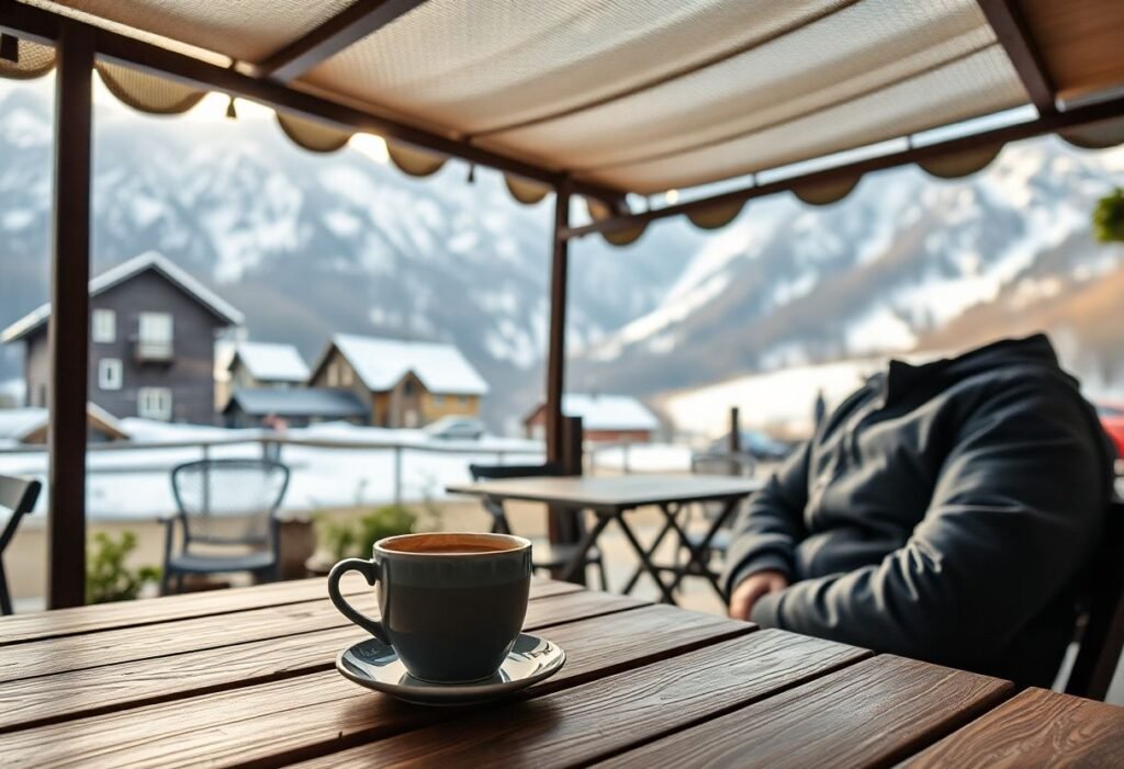 מטייל עצמאי יושב בבית קפה ברומניה ומשקיף על הרי הקרפטים המושלגים